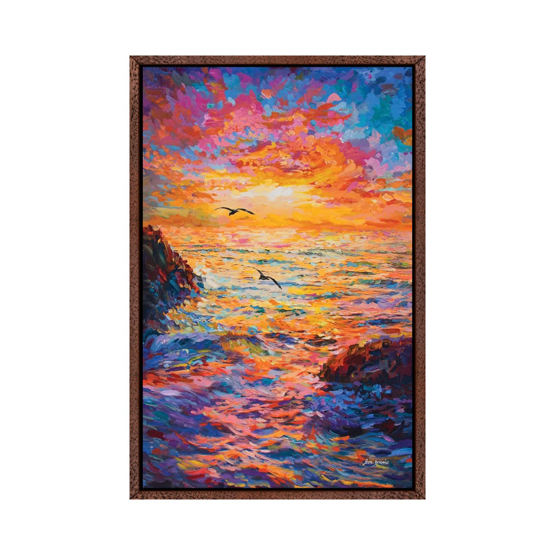 Sunset Over Ocean by Leon Devenice - Painting on Canvas, 66.04cm H x 45.72cm W x 3.81cm D, Classic Brown Wood Framed