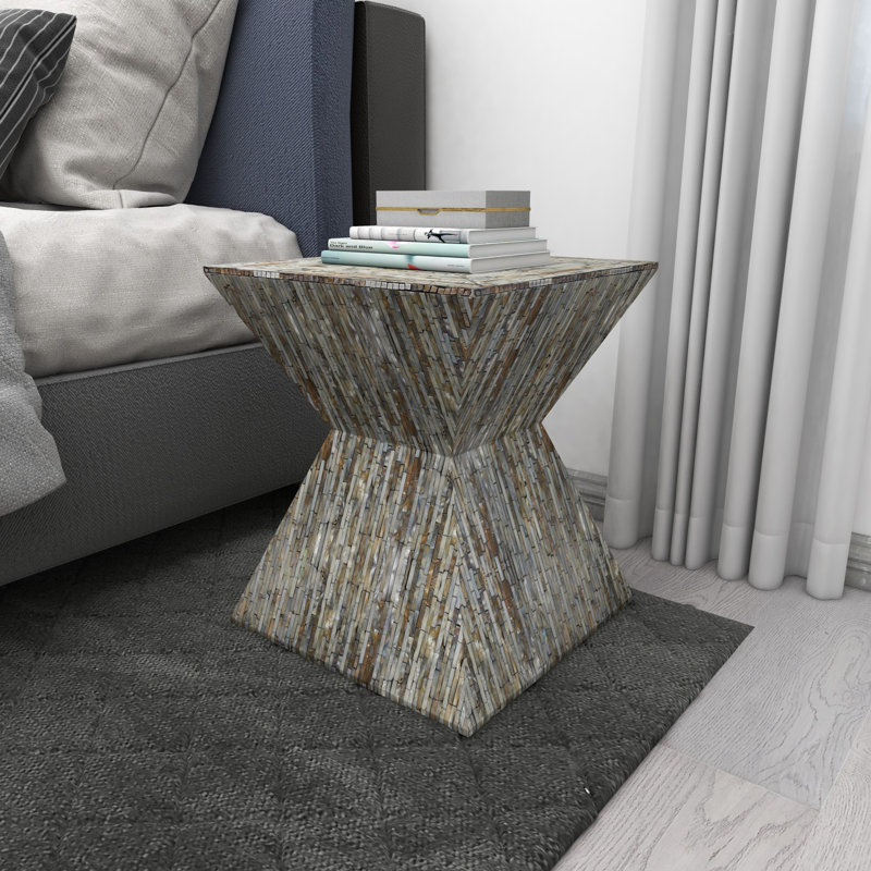 Bernardino Mother of Pearl Shell Handmade Hourglass Shaped Side End Accent Table, Tan/Gray