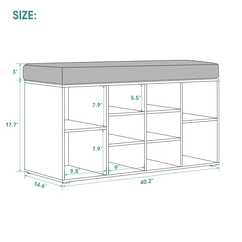 Shoe Storage Bench with Cushion, 10 Cubbies and Seating, Marble Gray