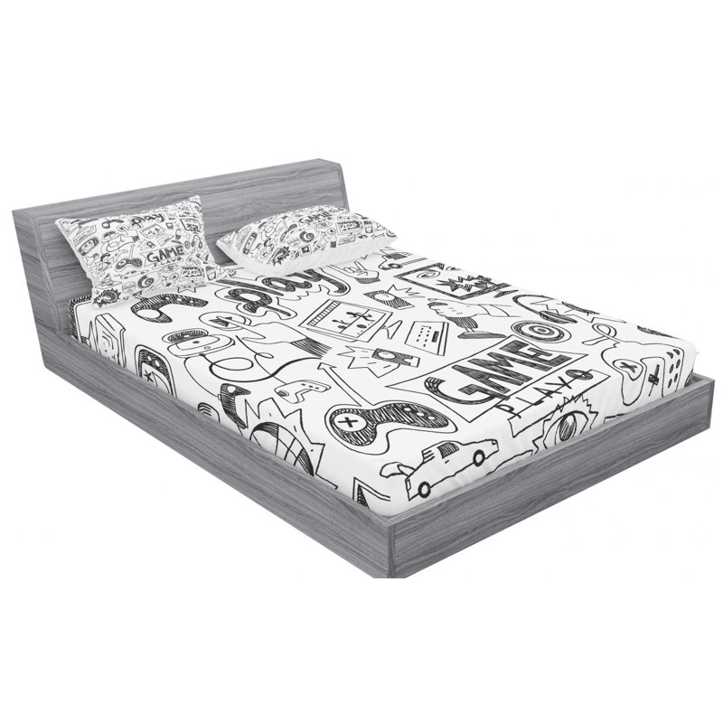Full Size White and Black Gaming Print Microfiber Sheet Set