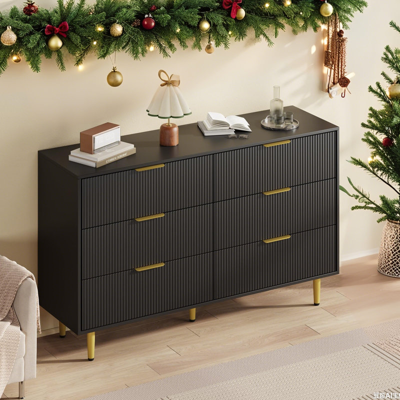 Commode 6 tiroirs cannelée pour chambre à coucher, commode en bois avec poignées en métal pour le rangement du salon ou du couloir
