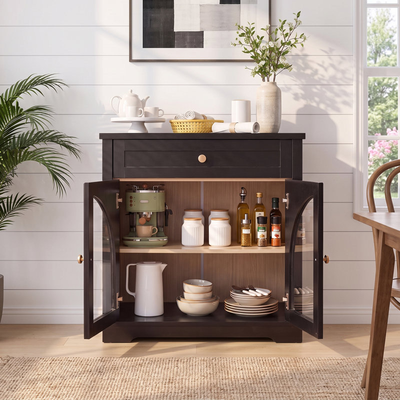 Buffet moderne en MDF de 81 cm (32 po) avec 2 tiroirs et 2 portes vitrées cintrées, fini bois noir, Black