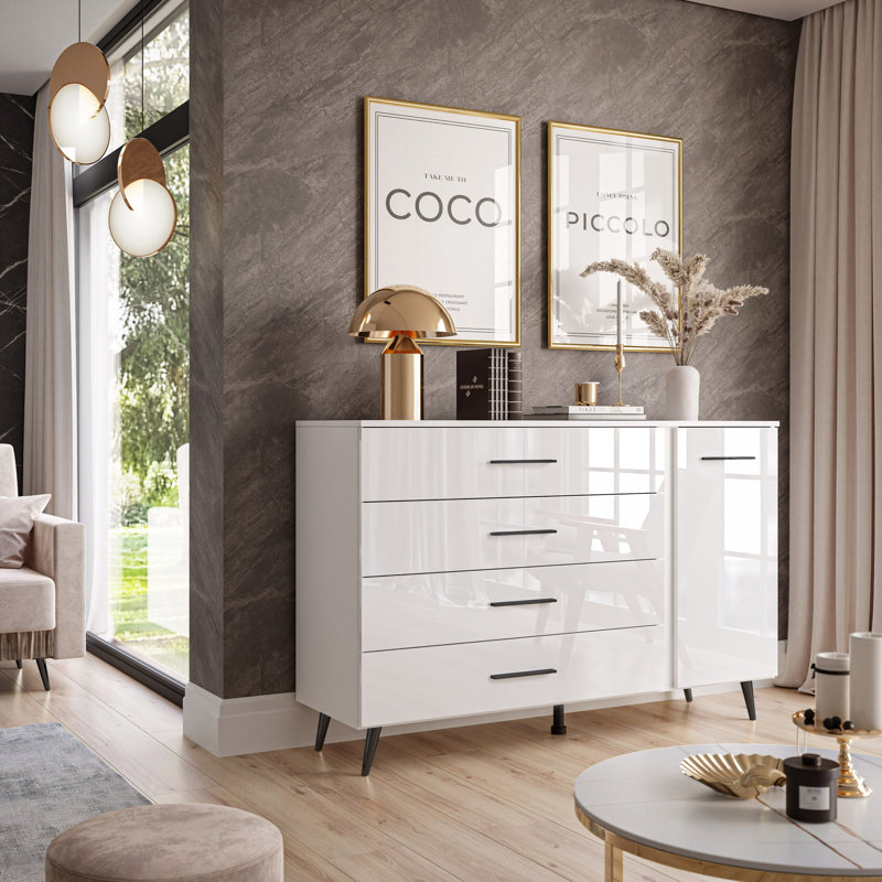 138CM Sideboard Aura II Gloss With Handles and Legs, Black