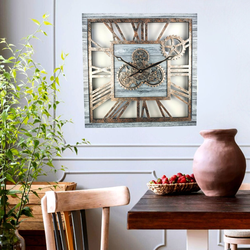 Wall Clock 24" Square Oversized for Living Room decor with Real Moving Gears America Collection, Silver