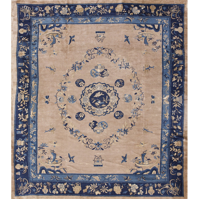 1920s Ivory Beige Cream White Hand Knotted Pile Rectangle Floral Medallion Wool Antique Rug