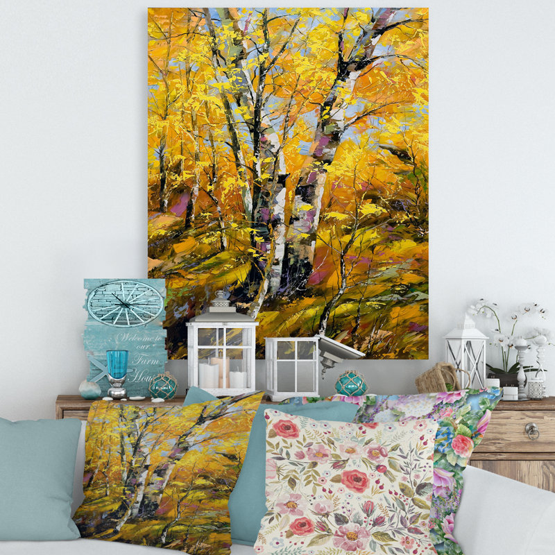 Bouleaux en bois d'automne jaune - peinture sur toile, H 20 po x l 12 po x P 1po, Toile tendue