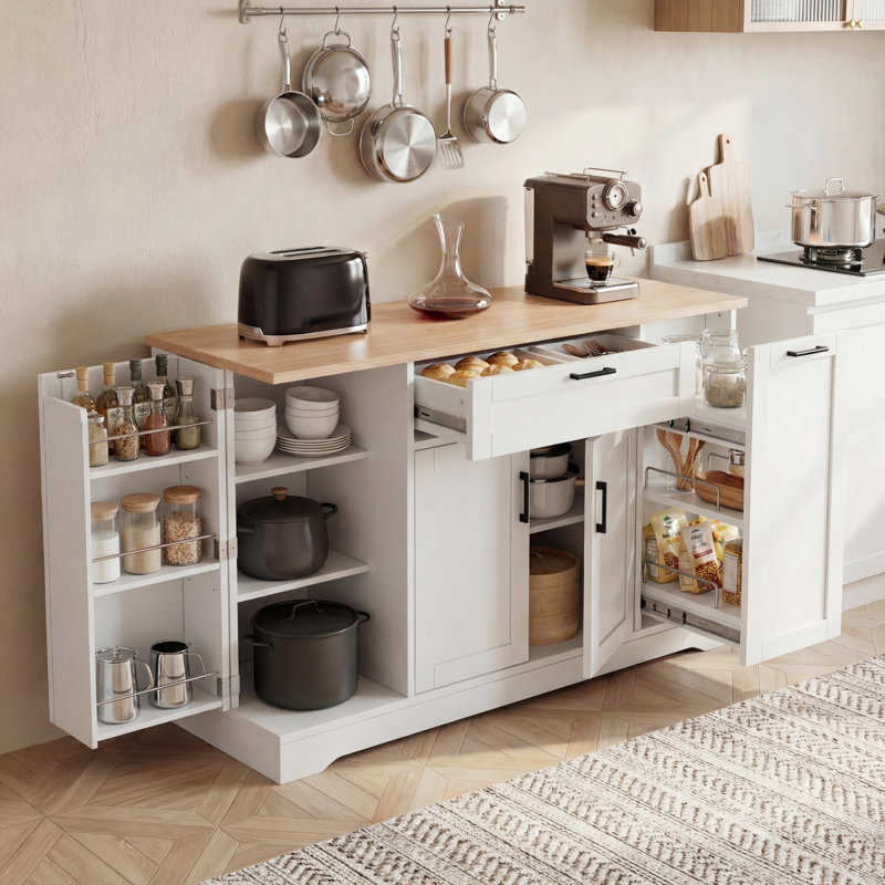 Buffet de 54 po pour îlot de cuisine moderne, armoire de rangement avec tablettes réglables et support coulissant à 3 niveaux, multifonctionnel