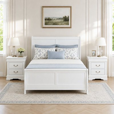 3 Piece Transitional Solid Wood Sleigh Bedroom Set, Queen/Full/Twin Size Sleigh Bed Frame with 2 Matching 2-Drawer Nightstands, Foundation Required