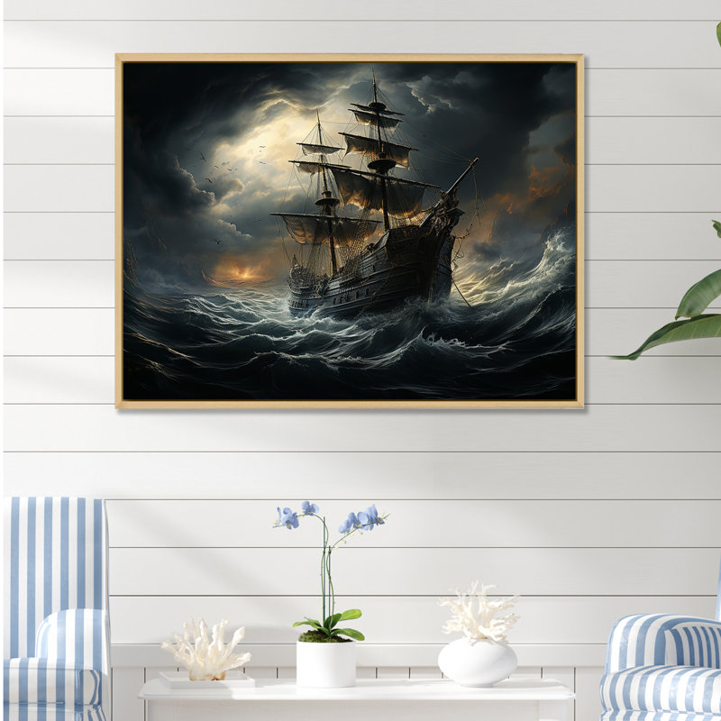 Pirate Ship At Stormy Seas - Art mural encadré pirate, Cadre naturel flottant, H 12 po x l 20 po x P 1 po