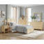 Lit simple de style contemporain avec finition en pin naturel, tête de lit et support à lattes, rails modernes de style chambre à coucher, cadre serein