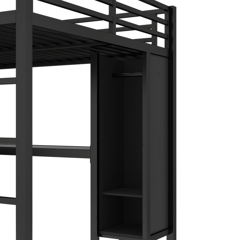 Grand lit en métal avec rangement Loft, garde-robe et bureau polyvalent, Noir