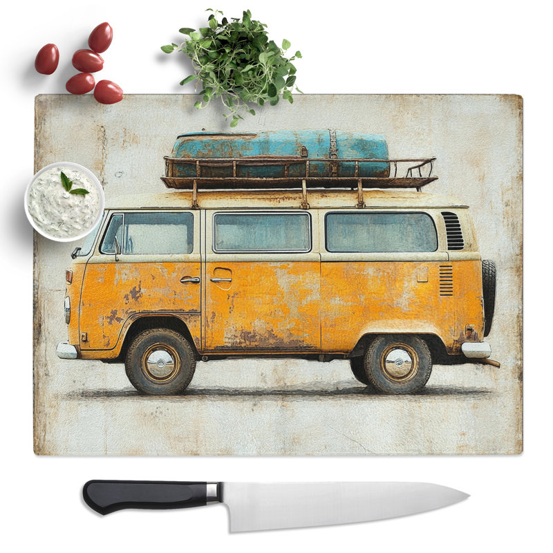 Retro Travel Campervan  Glass Chopping Board