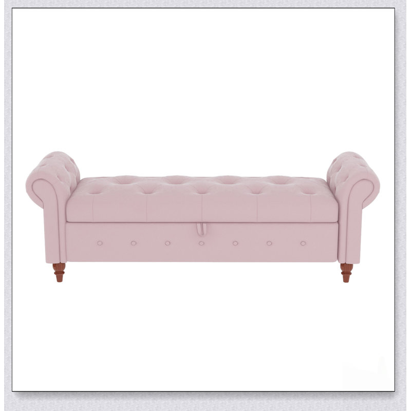 Banc de lit luxueux en velours rose avec rangement spacieux, parfait pour un décor moderne et élégant