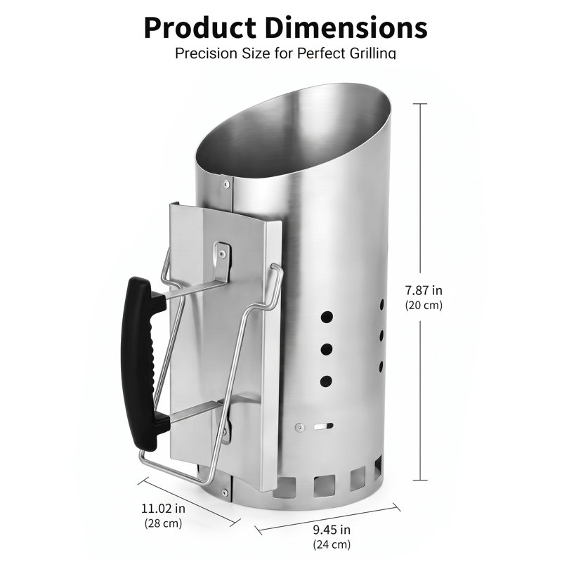 Allume-charbon de bois portatif en acier inoxydable 304 de qualité supérieure avec poignée antibrûlure, allumage rapide et base ventilée - 28 cm