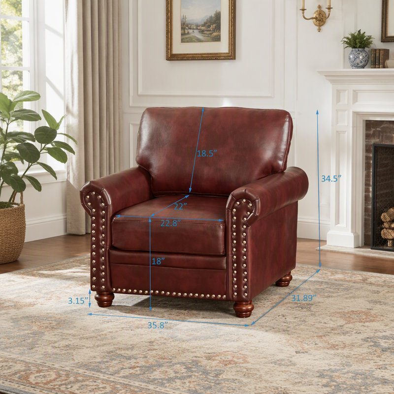 Fauteuil club simple en similicuir bourgogne avec pieds en bois, L 35,8 po, Polyuréthane bourgogne