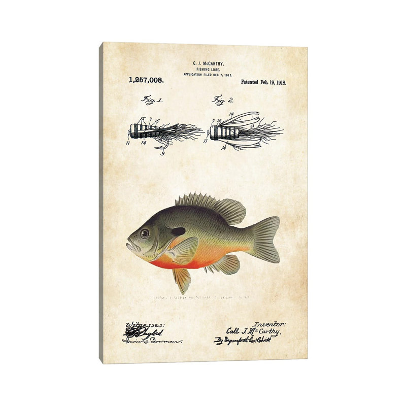 Bluegill Sunfish Fishing Lure by Patent77 - Wrapped Canvas Graphic Art, 26" H x 18" W x 1.5" D