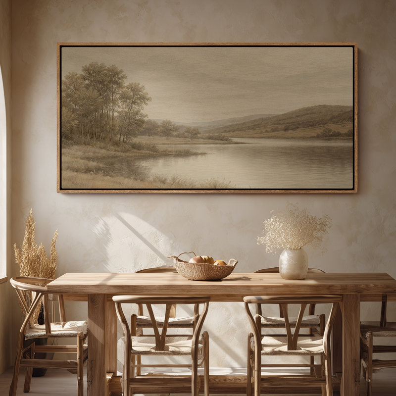 Framed Canvas Wall Art - Tranquil River Landscape with Trees and Rolling Hills in Warm Neutrals - 16"x24", 24"x36", Natural