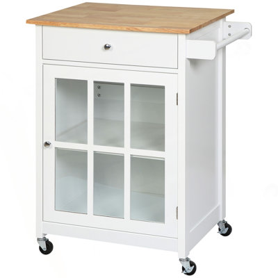 Chariot pour îlot de cuisine 27 "avec tiroir et porte vitrée, chariot de cuisine avec tablette réglable et porte-serviettes, blanc
