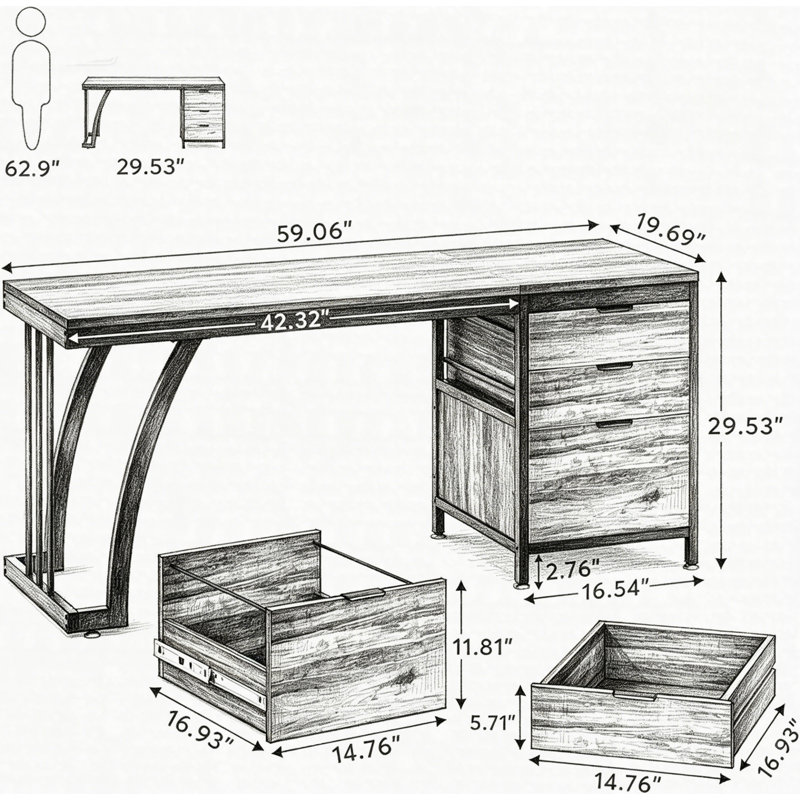 Industrial Computer Desk 59", Study Desk With Reversible Drawer Cabinet And File Storage, Brown