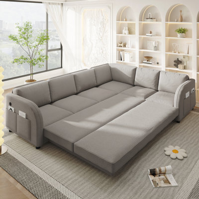 Modern L-Shaped Sofa with Pull-Out Bed,Convertible Sleeper Sofa with Side Pocket and USB Port