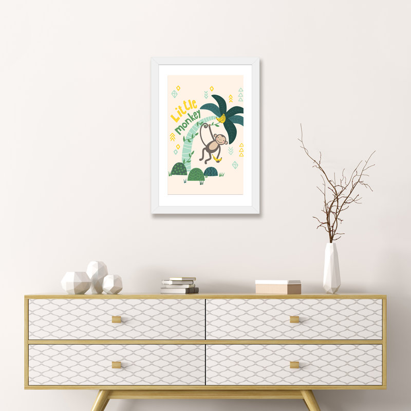 «Little Monkey II» par Caroline Alfreds - impression d'art graphique, H 24 po x l 16 po x P 1 po, Papier encadré blanc, Blanc