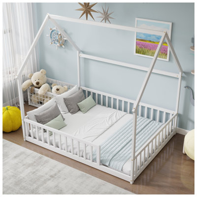 Full Size House Floor Bed with Roof Frame ,Pine Wood Floor Bed with Safety Guardrails,White
