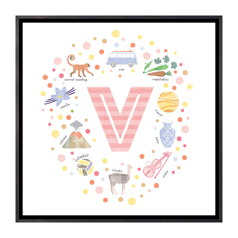 Lettre V - impression d'art graphique, Pas de tapis, Toile avec cadre noir patiné, H 26 po x l 26 po x P 1,5 po
