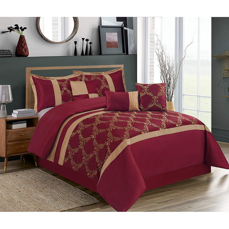 7 Piece Comforter Set Faux Silk Fabric Embroidered Bed in A Bag - Breathable and Wrinkle Resistant - 1 Comforter, 2 Shams, 3 Decorative Pillows, 1 Bedskirt