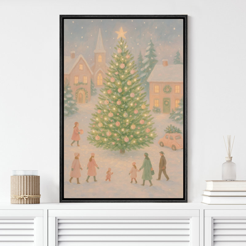 «Christmas Village Tree Winter Scene Family Gathering», reproduction d'art sur toile encadrée, H 24 po x l 16 po x P 1,5 po