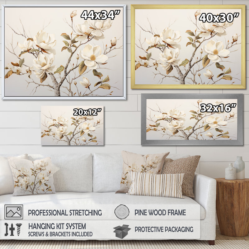 Minimalisme, fleurs de magnolia blanches sur toile, Cadre flottant blanc, H 30 po x l 40 po x P 1,5 po