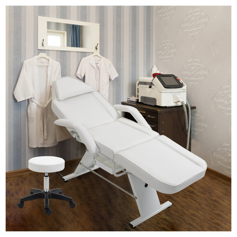Fauteuil de salon multi-positions avec deux plateaux latéraux et un dossier inclinable pour les studios de massage et de tatoo, blanc