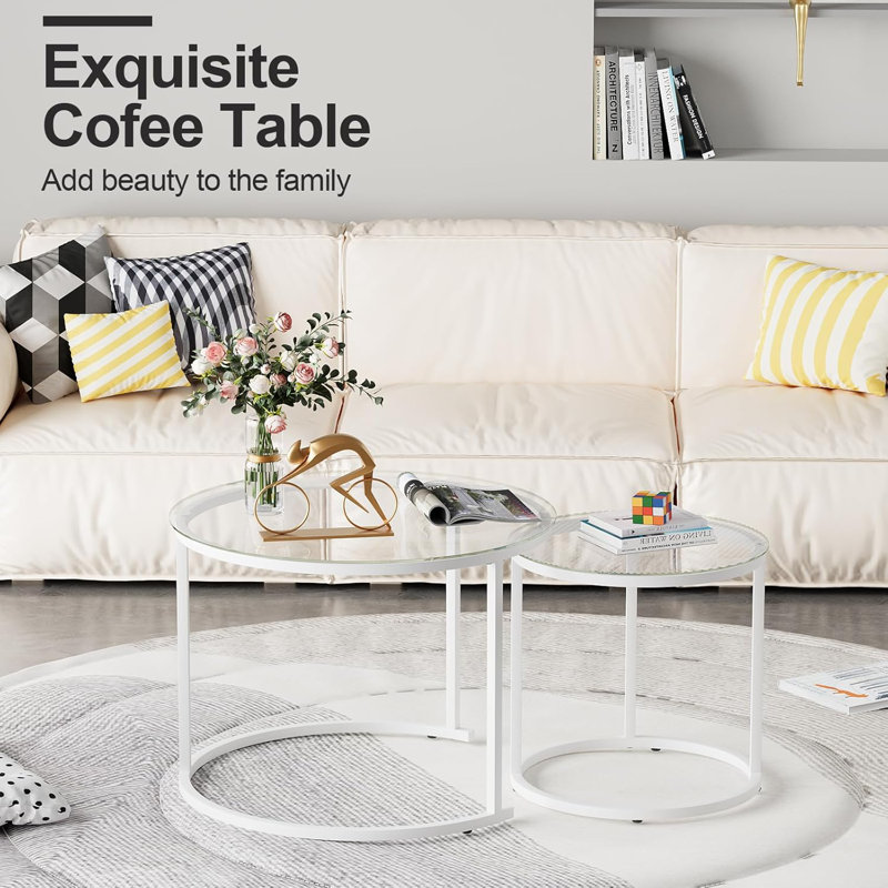 White Nesting Glass Table Set Of 2, Small Glass Round Nesting Tables For Living Room Bedroom, Accent Tea Table With Metal Frame Modern Industrial Simple
