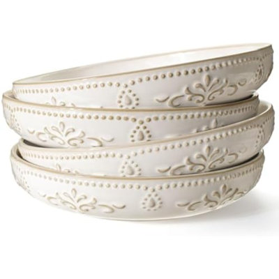 Pasta Bowls, 50oz Large Salad Serving Bowls, 9.75'' Plates Bowl Set of 4, Big White Ceramic Soup Bowl for Kitchen, Embossment Shallow Dinner Bowl, Microwave Dishwasher Safe, Damask Floral
