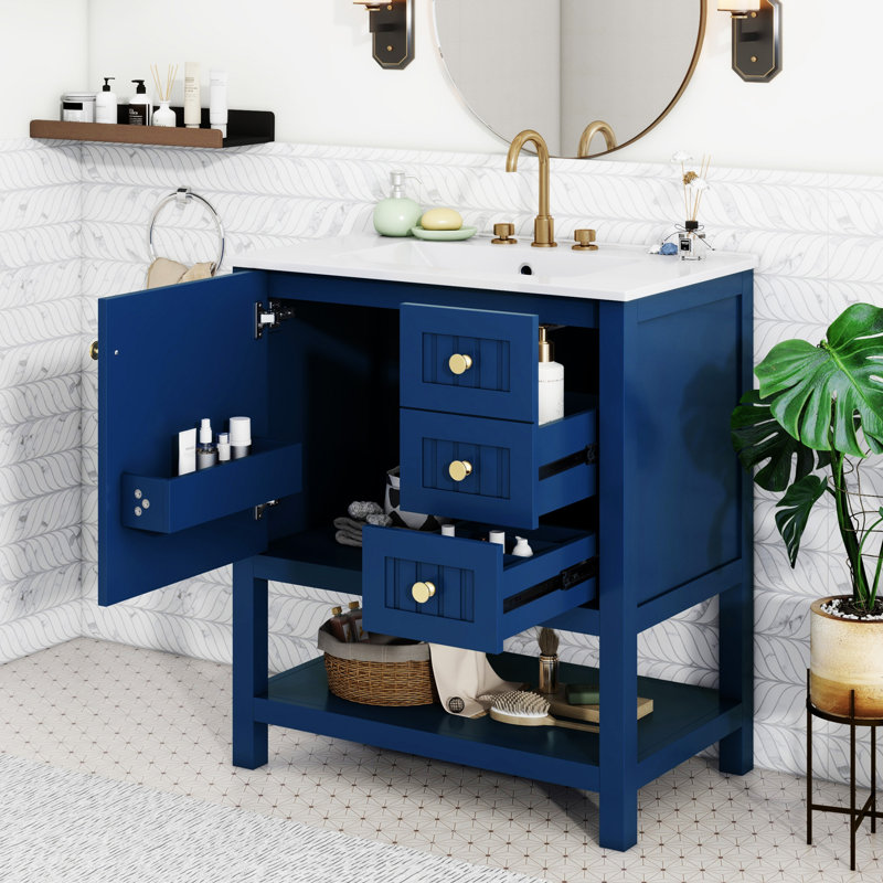 Meuble-lavabo de style transitionnel 30 po avec lavabo en céramique, Bleu