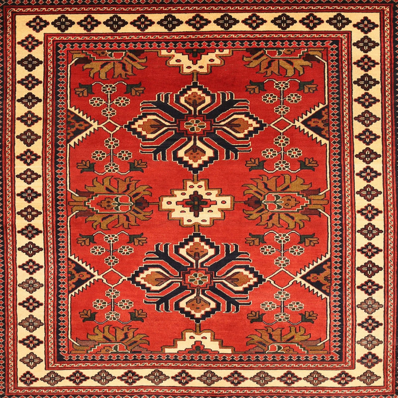 Tapis traditionnel rouge et beige Gap, Carré 8 pi