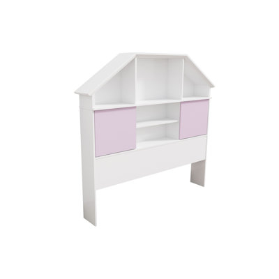 Full Size Bookcase Headboard Free Standing Tall Storage Two Sliding Pink Doors With Seven Cubby Shelves White
