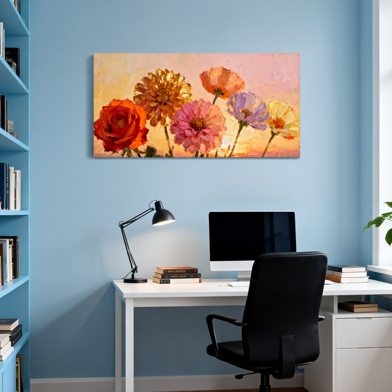 Plantes et fleurs, fleurs colorées sur toile, H 16 po x l 32 po