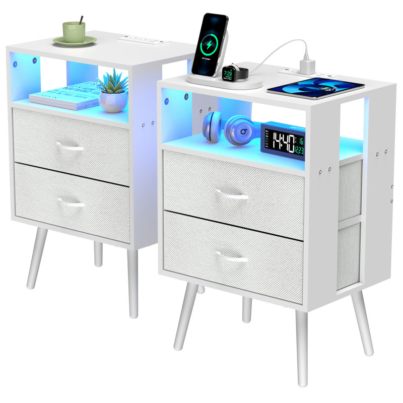 Ensemble de 2 tables de chevet modernes avec station de charge (comprend seulement la table de chevet), Blanc