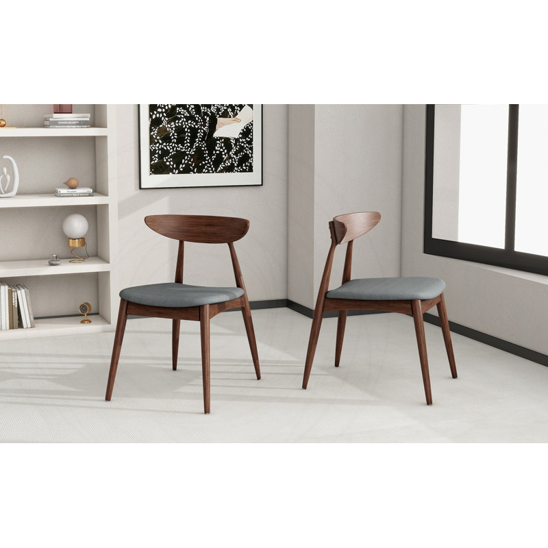 Ensemble de 2 chaises rétro en bois d'hévéa avec dossier ergonomique, Polyester gris clair, Walnut