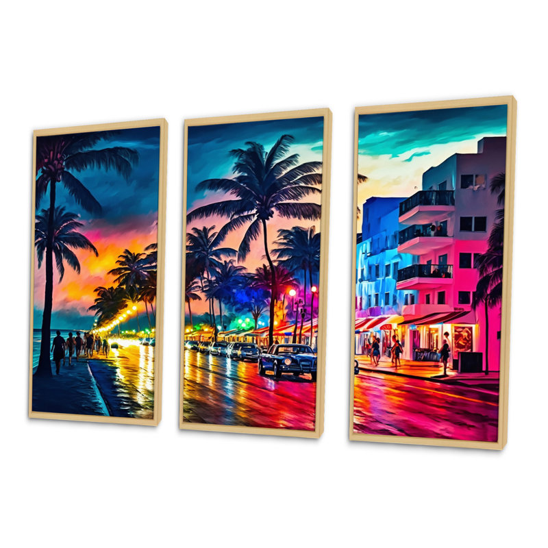 Edolie Miami Beach Holidays 3 Architecture - 3 pièces sur toile, Cadre naturel flottant, H 32 po x l 48 po x P 1 po