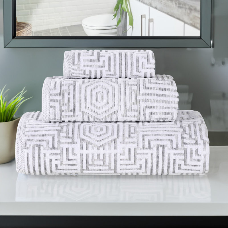 Jorel Cotton Modern Geometric 3 Piece Bathroom Towel Set, Platinum