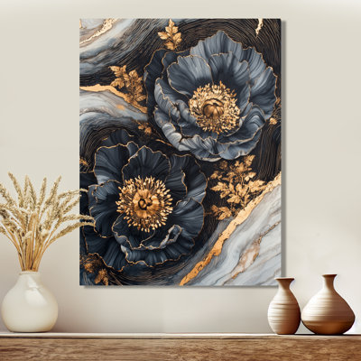 Or pivoines bleues géode pierre II - reproduction d'art traditionnelle en métal, pivoines, décoration murale en métal