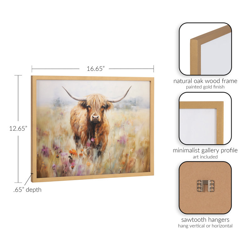 Mignonne vache des Highlands, art mural, H 16,65 po x l 12,65 po, Cadre doré