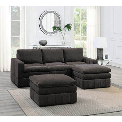 Contemporary 5pc Sectional With Suede Fabric, Seating And 2x One Arm Chairs Ottomans Armless 1x Chair Upholstery, Cushions 2