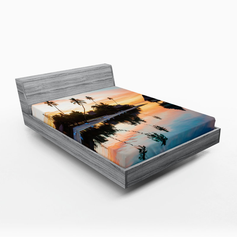 Ensemble de 2 draps-housse Ambesonne Landscape Sunset Moorea Island - jaune corail, Drap-housse très grand californien
