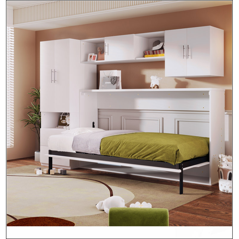 Lit escamotable avec tablettes ouvertes et tiroirs de rangement, armoire encastrée et table