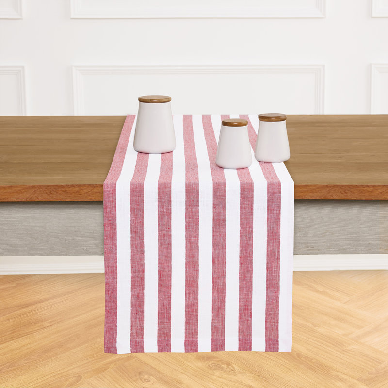 100% Pure Linen  Table Runner - Sorrento Stripe, 90" x 14", Red/White Large Stripe