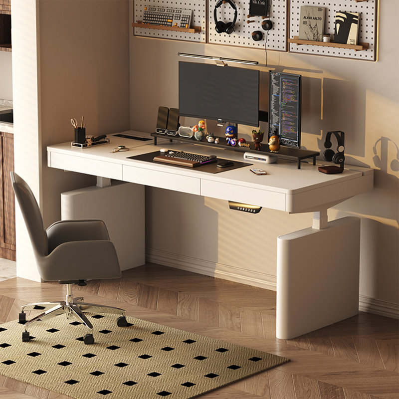 Bureau simple à hauteur réglable blanc crème, bureau d'étude avec multiprise intégrée et station de charge