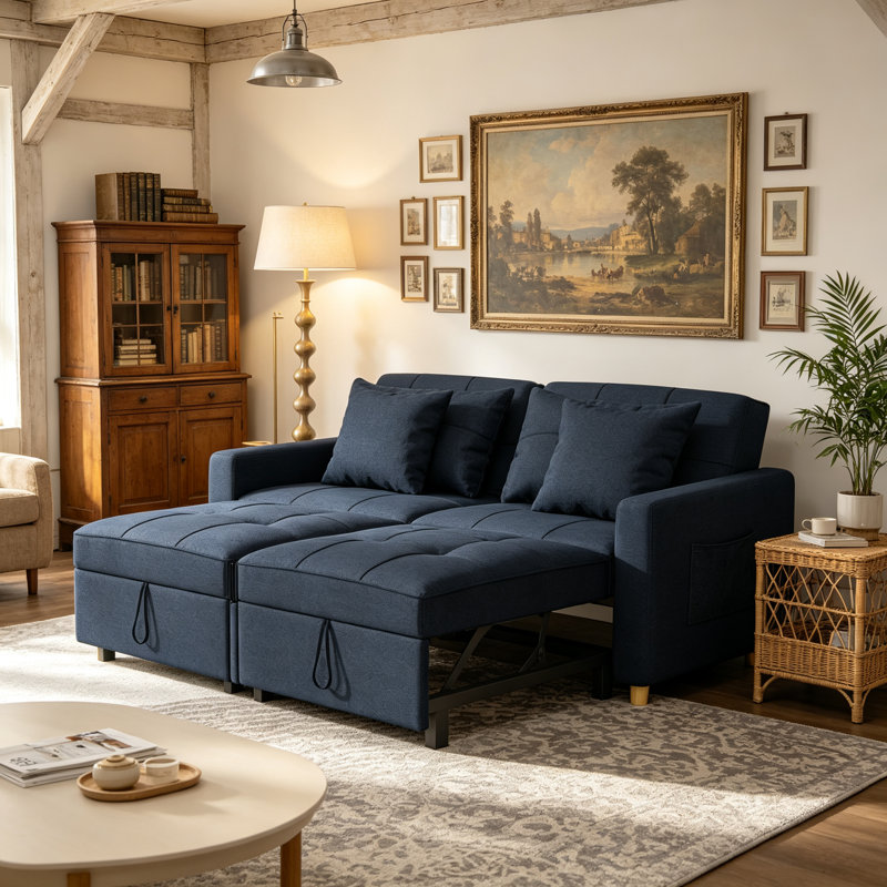 Borchert 2 Seater Fabric Sofa Bed, Blue Linen