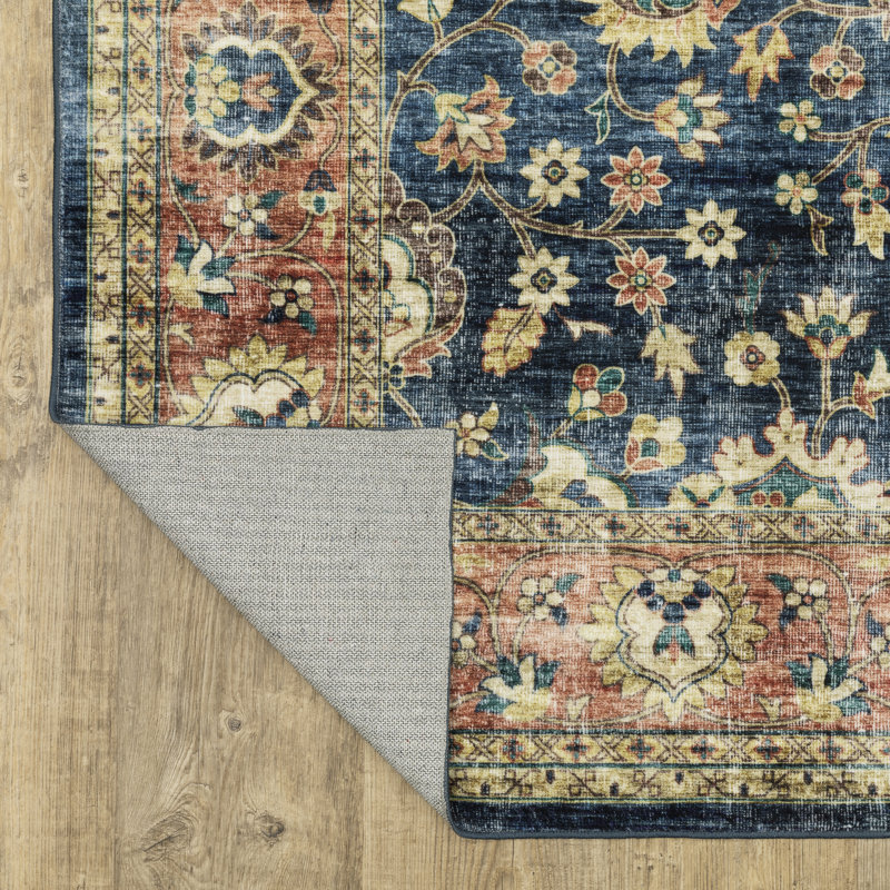 Sebastian Vintage Blue and Rust Washable 5' x 7' Area Rug